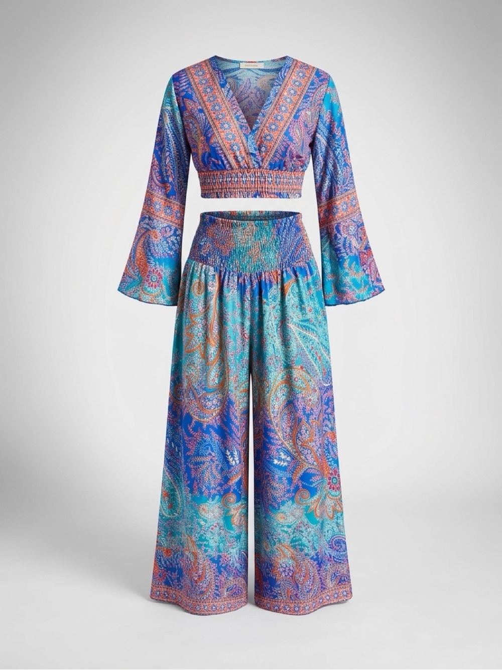 Boho Paisley Wide-Leg Jumpsuit Set - Blue Multi